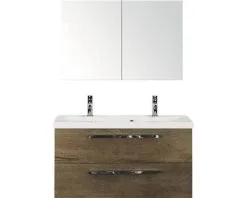 Badkamermeubelset Seville 100 Cm Kunststeen Wastafel 2 Kraangaten Incl. Spiegelkast Tabacco