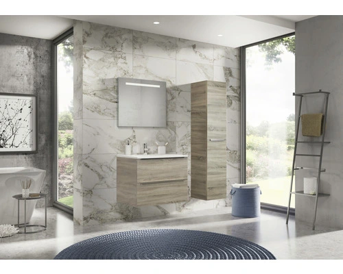 Badkamermeubelset Pulse 70 Cm Kunststeen Wastafel Incl. Spiegel Met Verlichting Grijs Eiken - Afbeelding 6