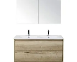 Badkamermeubelset Porto 120 Cm 2 Laden Keramische Wastafel Incl. Spiegelkast Natuur Eiken